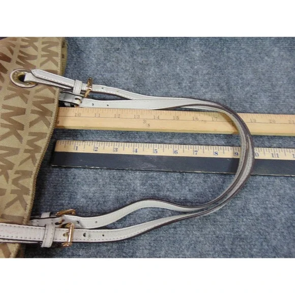 Michael Kors Tote Bag Jet Set MK Signature Logo Beige Brown Leather Trim - Picture 15 of 16